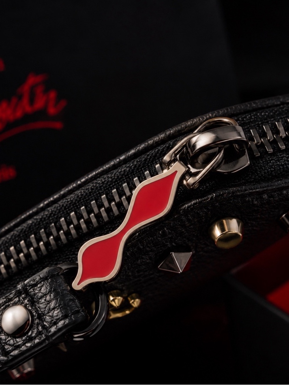 Christian Louboutin Black Studded Leather Wristlet Clutch Chain Pouch Black Red - Picture 6 of 9